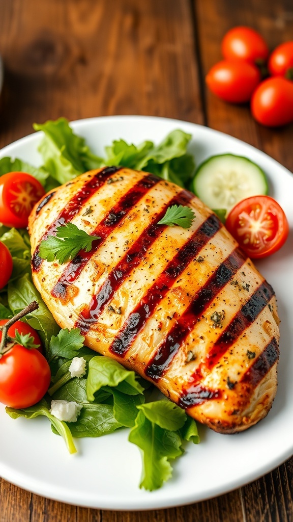 Juicy Grilled Chicken Recipe Grilled chicken breast garnished with parsley, served with a fresh salad on a rustic table.